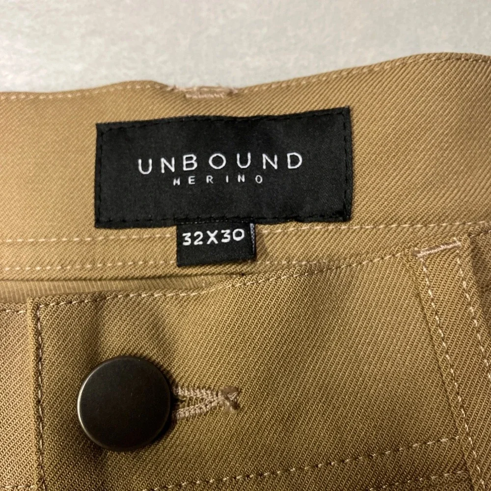 Unbound Merino 5-Pocket Travel Pants Wool Blend Khaki Tan Canada Made Men 32x32